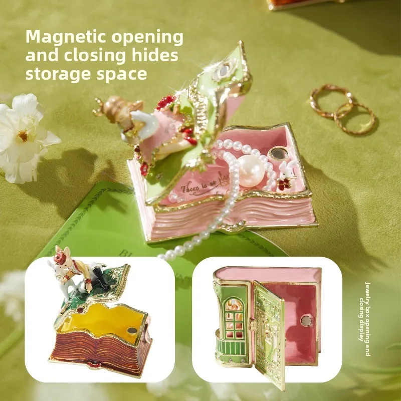 Vintage rural style gentleman rabbit enamel zinc alloy jewelry box, Wizard of Oz series magic bookstore storage box ornament