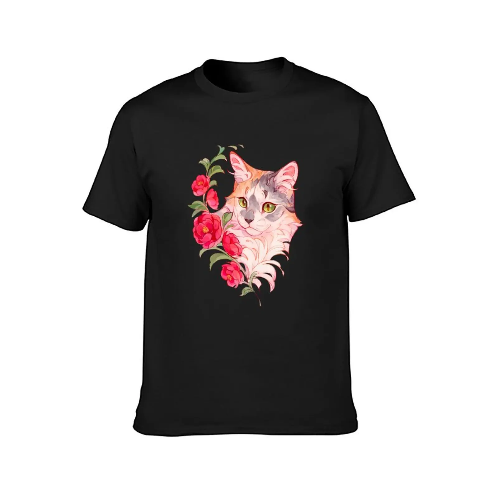 Silver torbie cat with red flowers T-Shirt Short sleeve tee for a boy mens graphic t-shirts anime