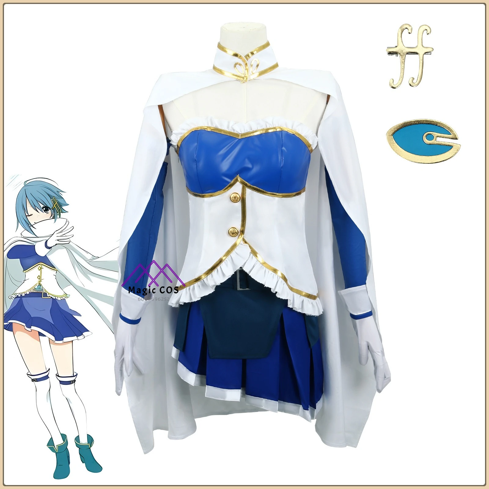 

Anime Puella Magi Madoka Magica Sayaka Miki Role Playing Blue Battle Dress Set Wig High Quality Cosplay Costume (Female)