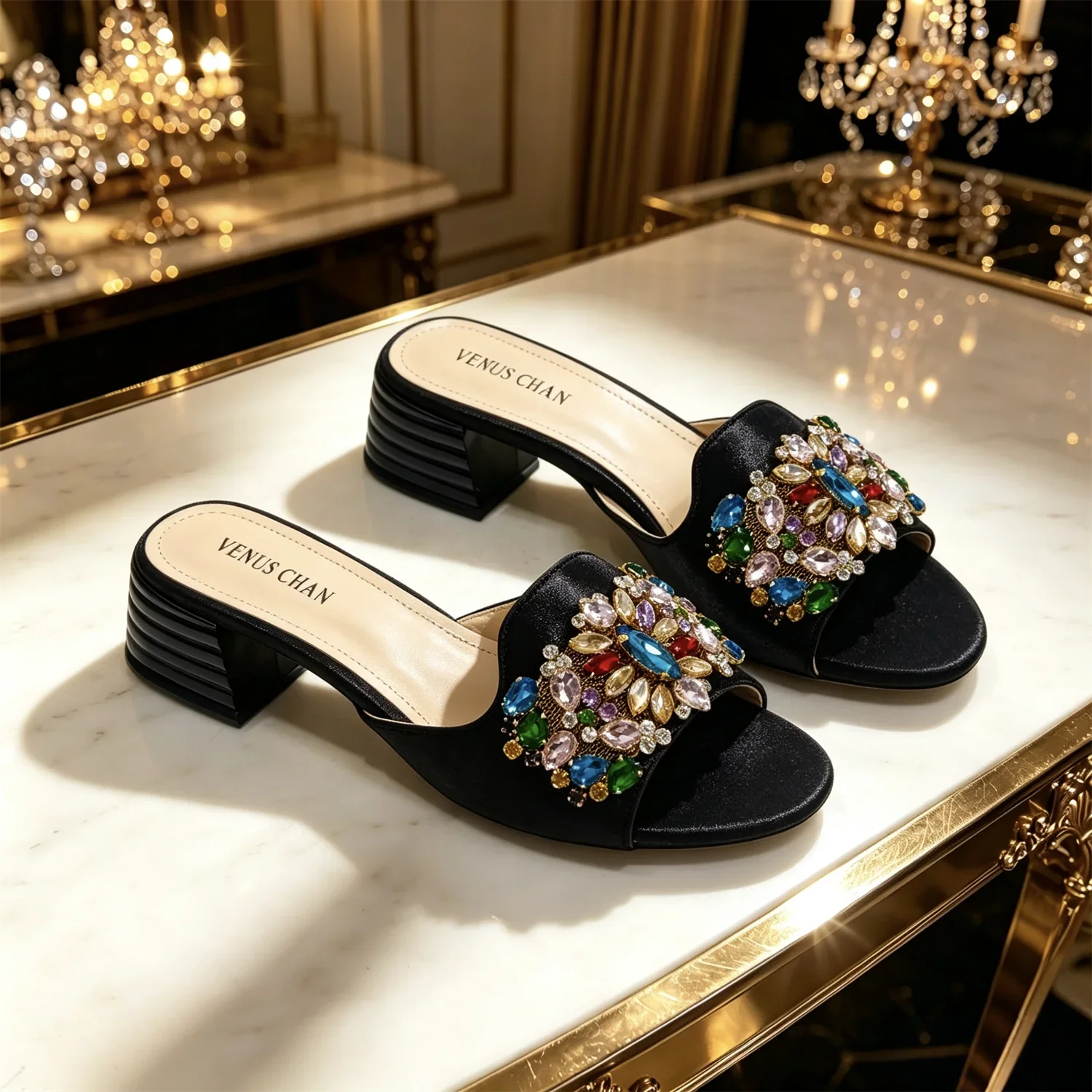 Olivgrüne Strass-Sandalen mit passender Tasche, Damen-Pantoletten mit Blockabsatz, bunte Kristall-Pantoletten, Clutch-Tasche für Hochzeiten – Detail 15