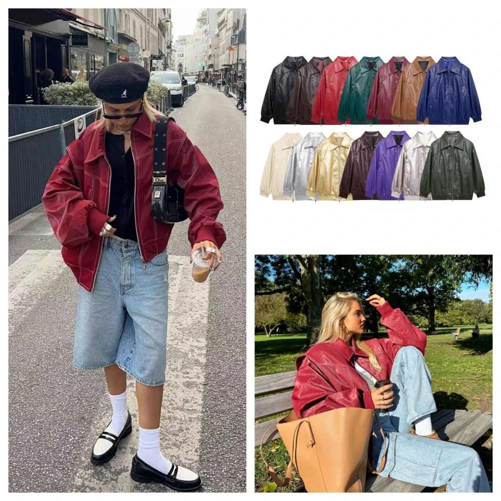 

Wine Red Faux Leather Fashion Outerwear Thicken Zipper Lapel Pu Coats Autumn Winter Streetwear Ladies Tops Women Retro collar ja