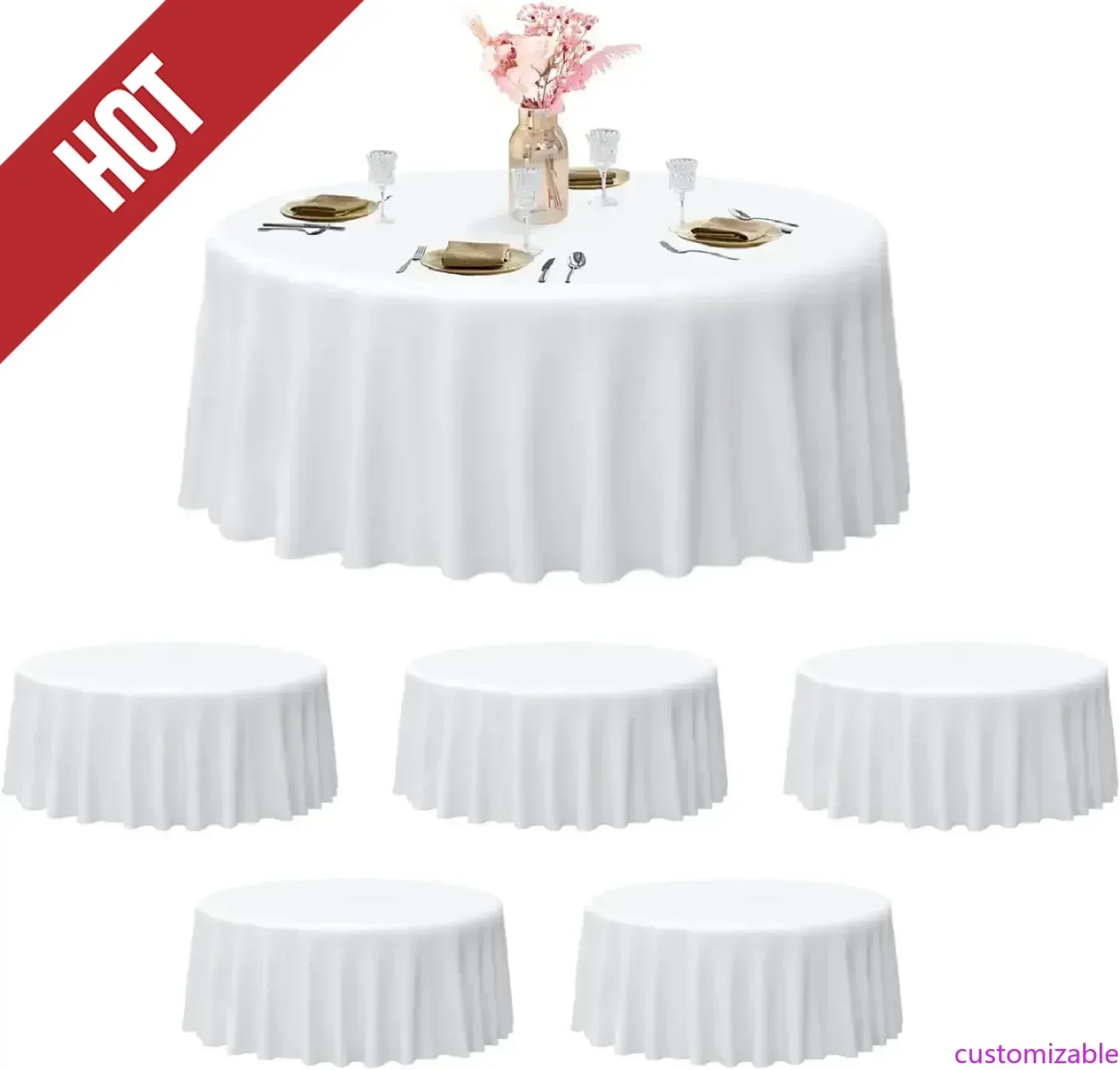 

Customizable-Round Tablecloth White (6 Pack) Circular Polyester Table Cover 120 Inch In Diameter For Dinning, Kitchen, Picnic,We