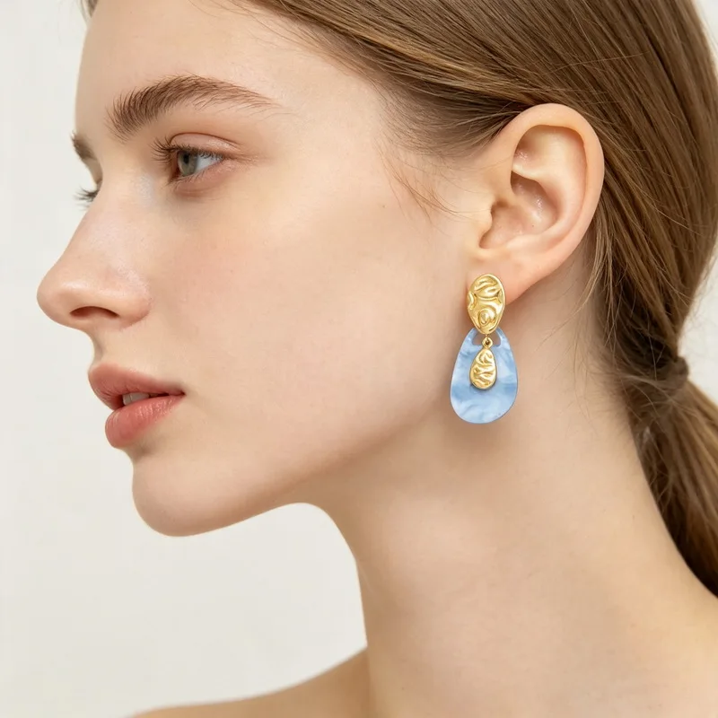 KALEN Stainless Steel Gold Plated Textured Metal Resin Teardrop Dangle Earrings for Women Vintage Drop Pendant Fashion Jewelry