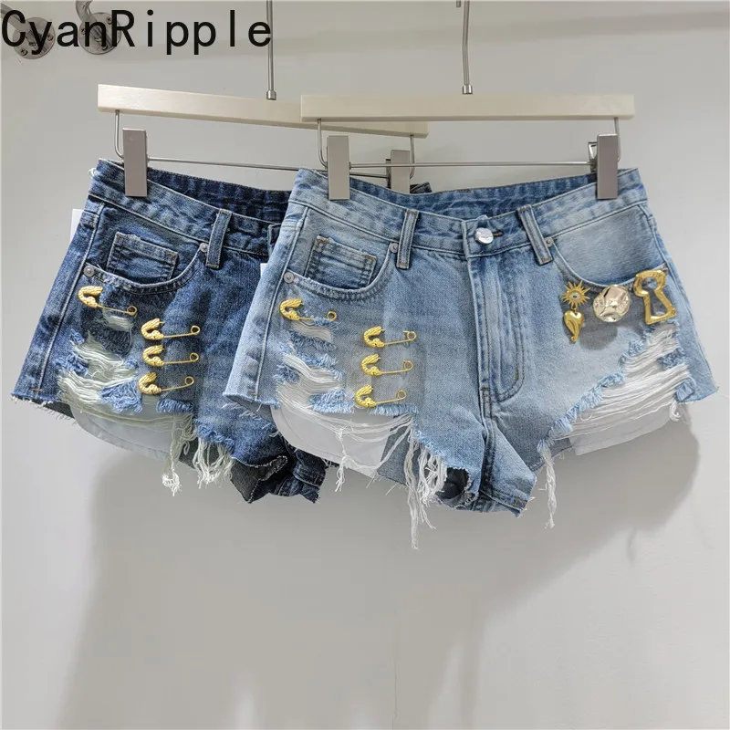 Spice Girls New Summer All-match High Waist Wide Leg Jeans Fashion Metal Pin Decoration Hole Tassel Elegant Women Short Jeans