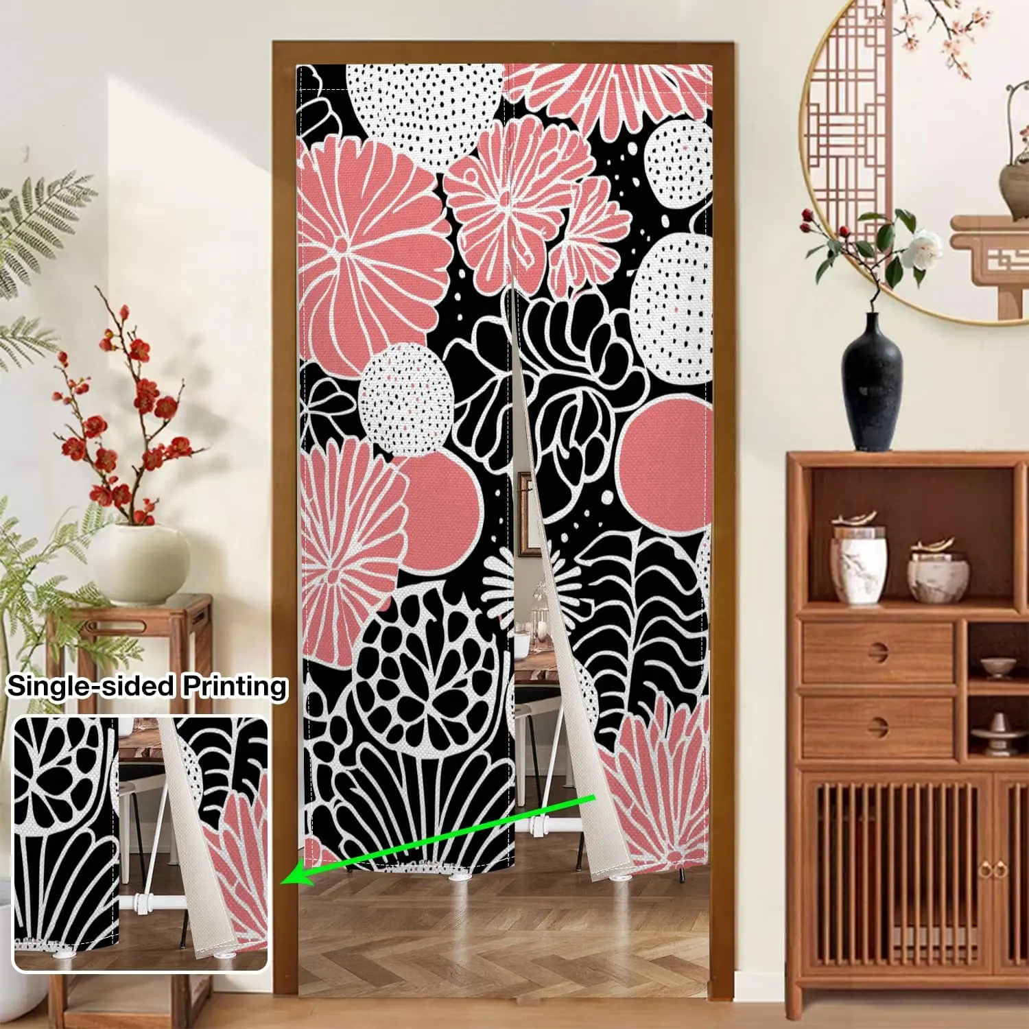 Boho Floral Style Doorway Curtain Mid Century Flower Japanese Curtain Tapestry Polyester Panel for Wall Hanging Bedroom