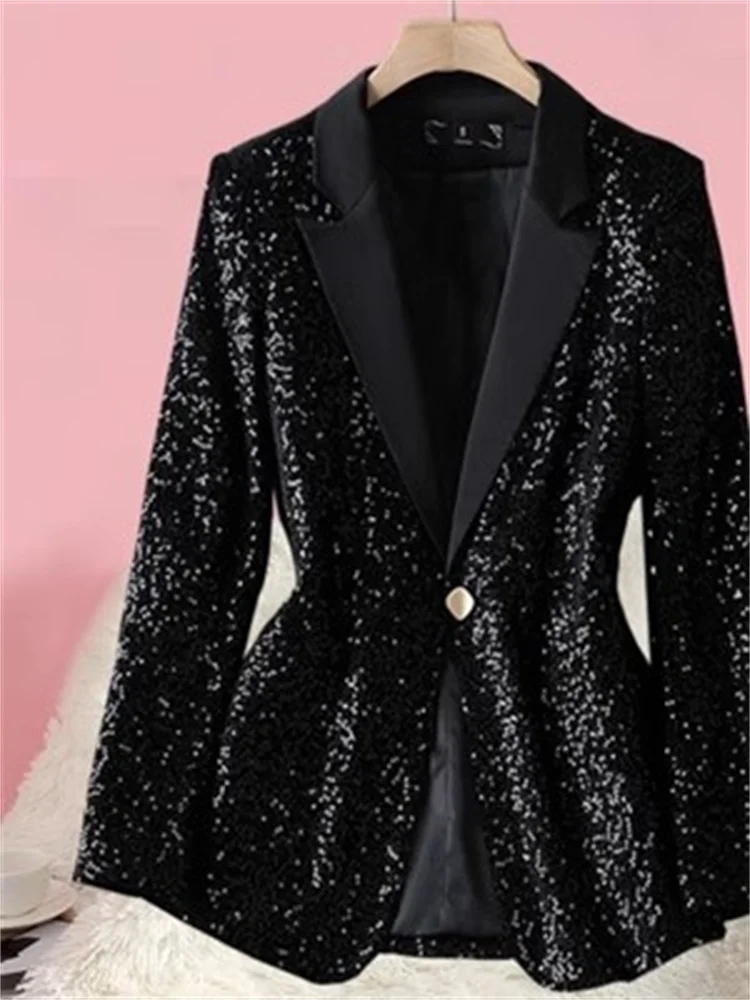 Black Suit Jacket Women 2023 Spring Autumn Slim Fit High Grade Feeling Explosive Street Sequins One Button Small Blazer Top Lady