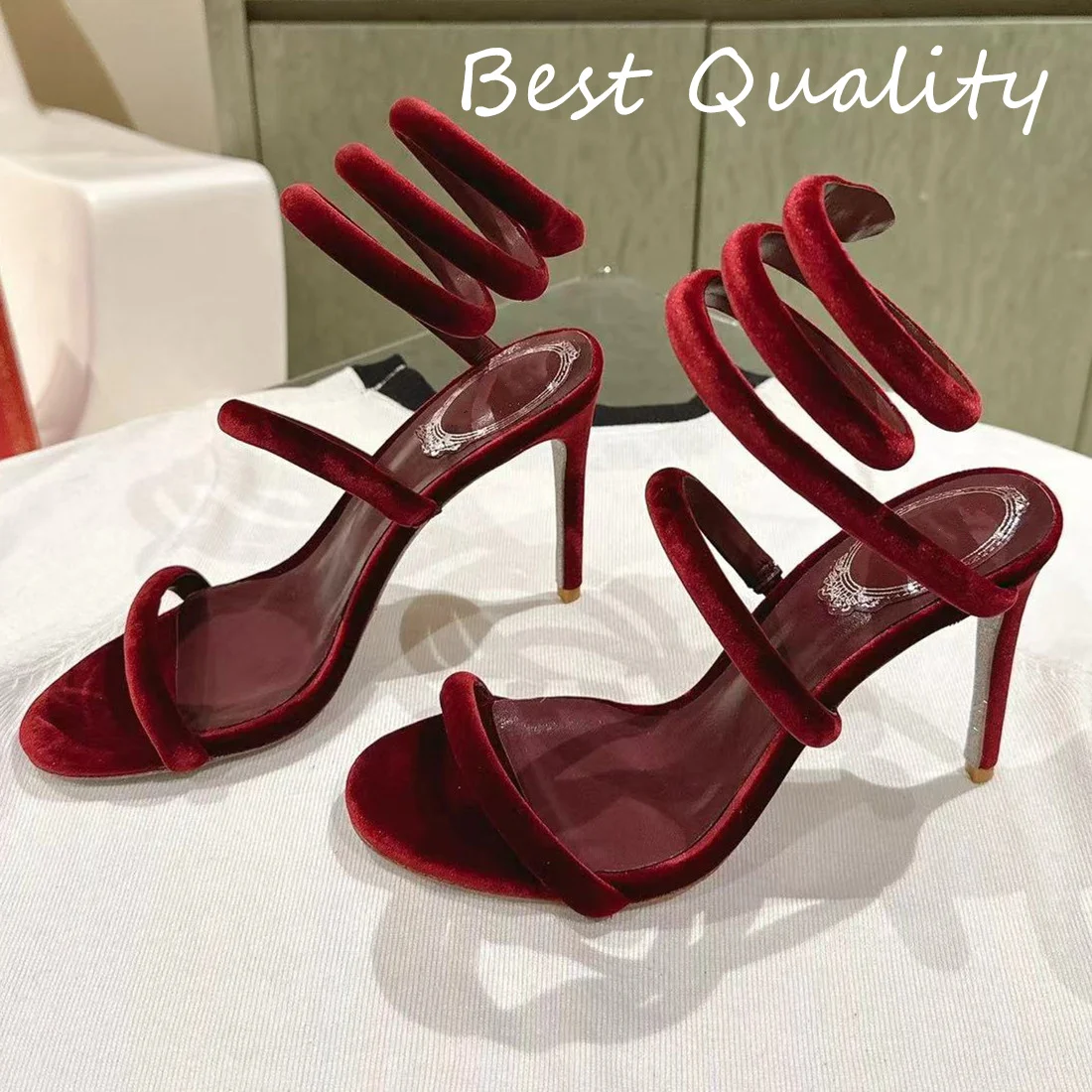 Women's High heeled sandals Entangled Serpentine Fluffy material Sexy Style Open Toe Runway Crystal Sandal Genuine leather sole