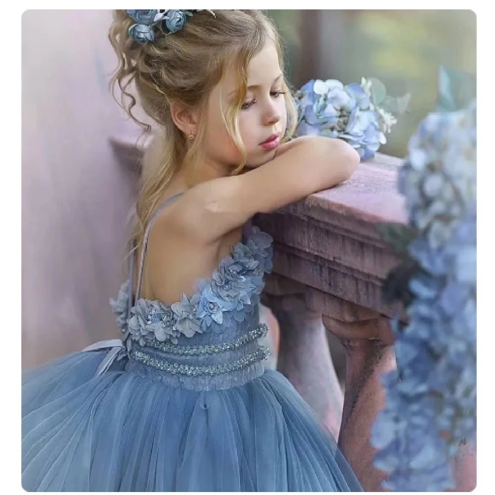 Lovely Blue Angel Tulle Lace Printing Layered Flower Girl Dresses Ball Beauty Pageant Princess First Communion Birthday Gift