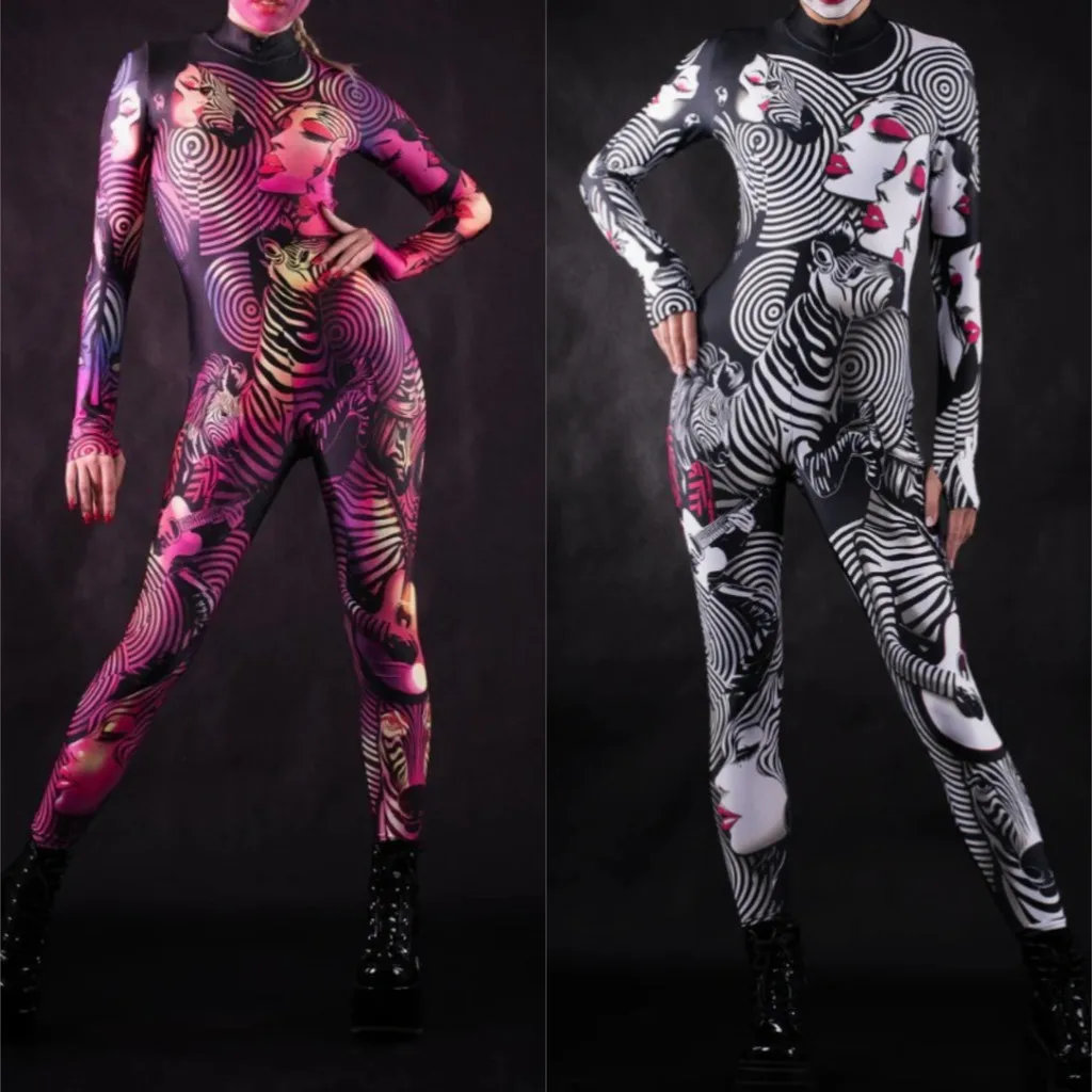 

Zebra Lines Women Face 3D Digital Printing Jumpsuit Adults Stage Dance Performance Outfit Halloween Party Dress Up Costume