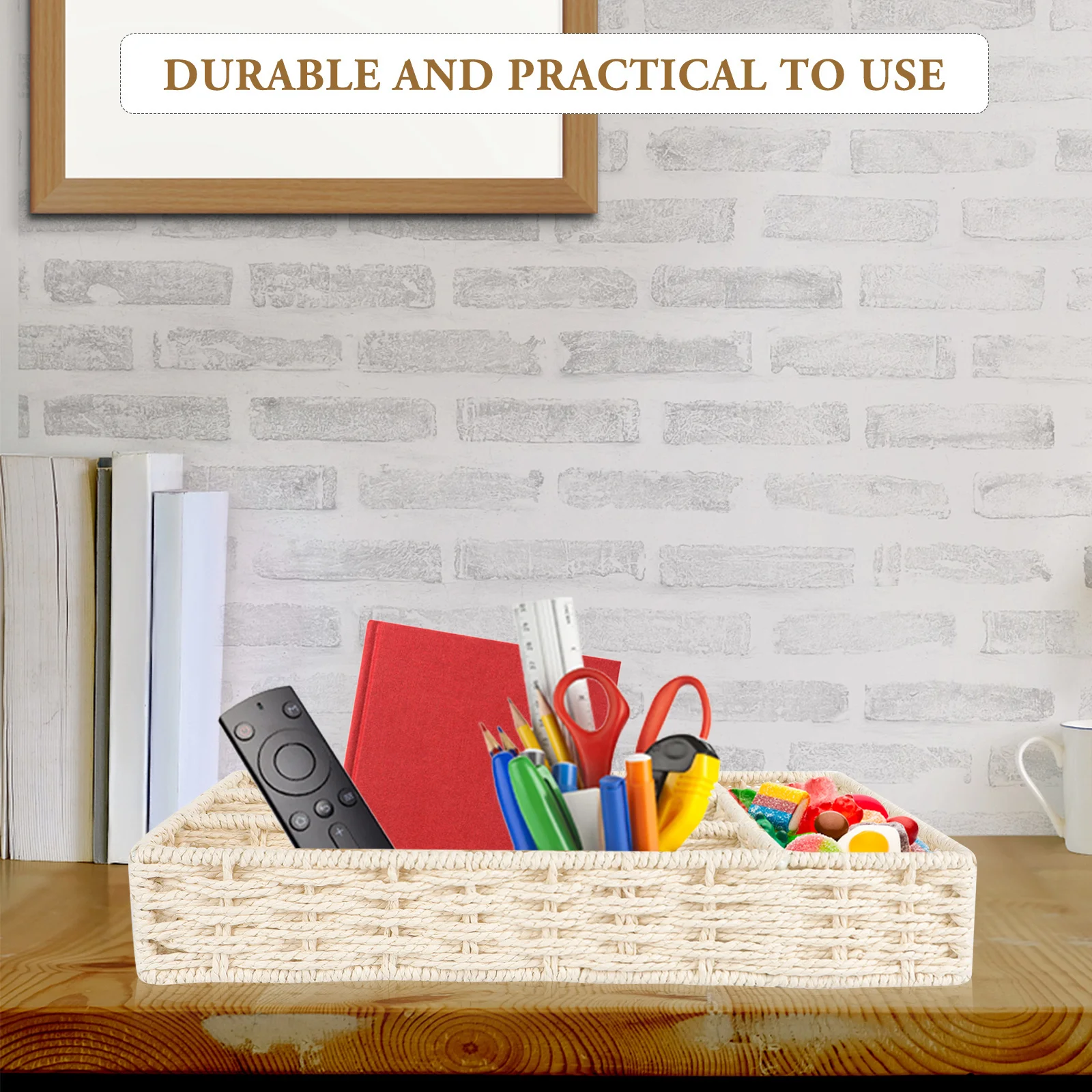 

1Pcs Storage Basket Hand-Woven Natural Cattail Grass Design Waterproof Household Organizer for Keys Candies Books Sundries