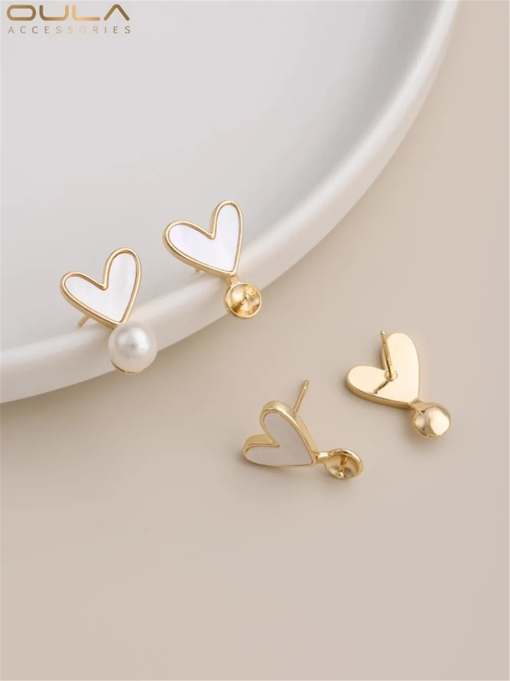 

925 Silver Stud Earrings 14K Gold Inlaid Natural Shell Peach Heart Half-hole Pearl Supporting Love Ear Accessories