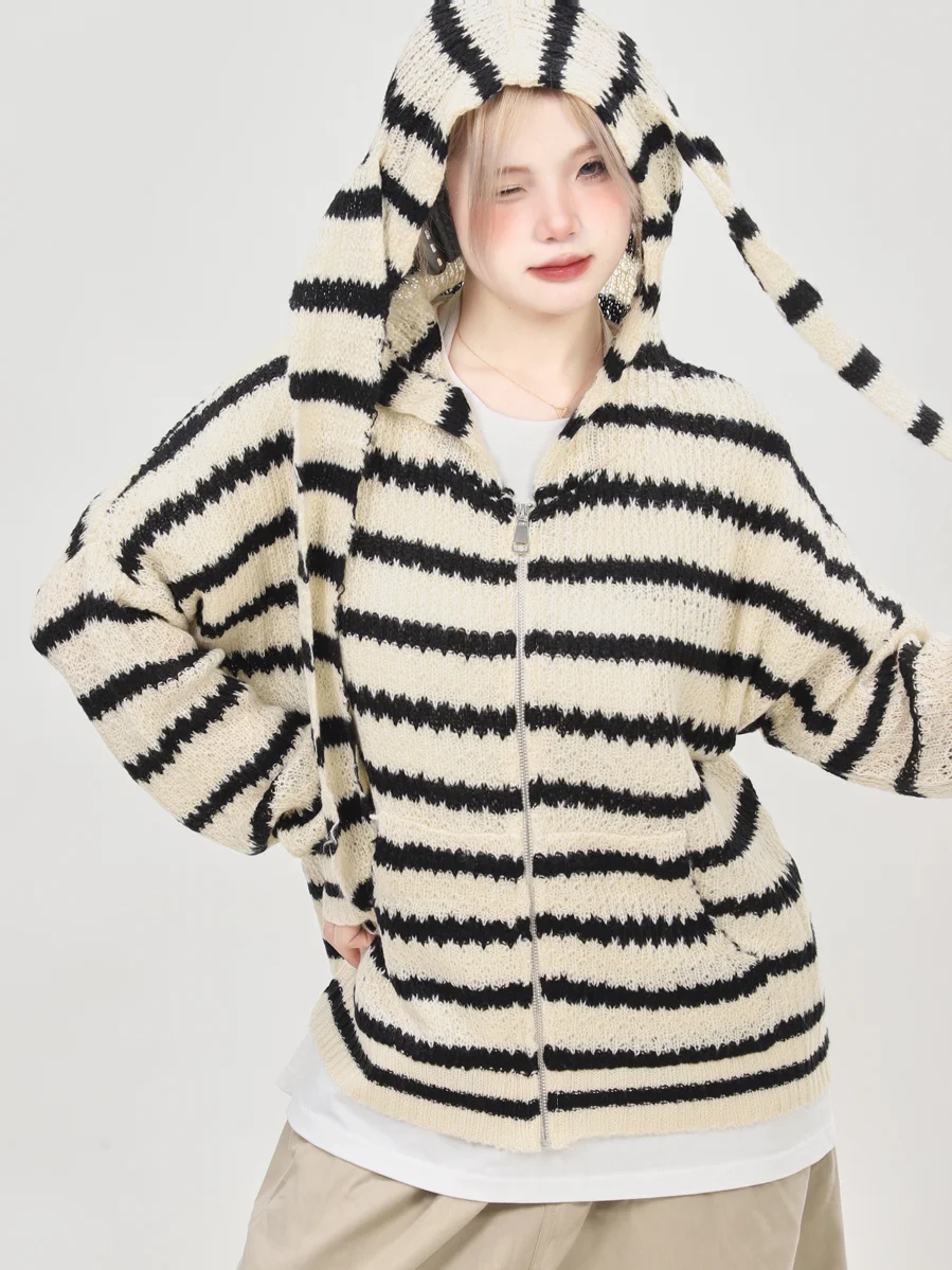 Cute Rabbit Long Ear Designer Cardigan Striped Sweater Y2k Harajuku Bunny Knit Outerwear Girls 2000s 90s Fashion Knitwear Female