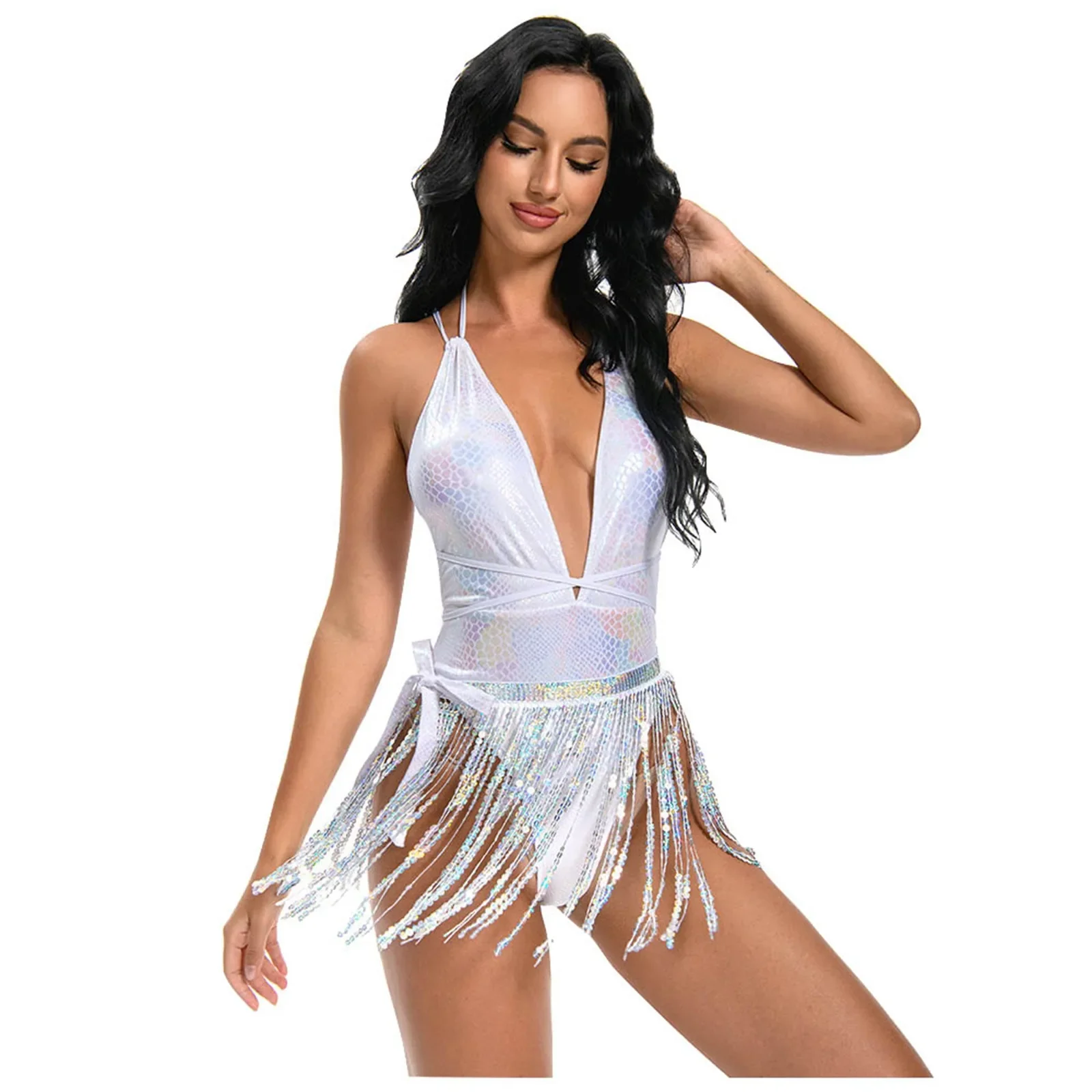 Sexy Bikini Set Pole Dance Costume One Piece Bodysuit Backless Tassel Hip Scarf Beach Party Rave Outfit Gogo Dancer Suit White