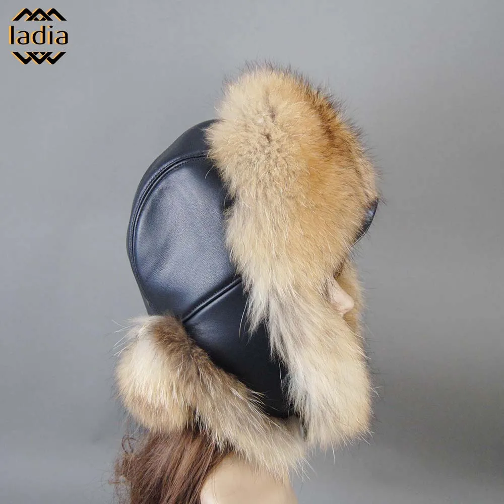 

Winter Brand Real Sheepskin Leather Cap Unisex Winter Russian Real Fox Fur Hat Warm Soft Quality Real Raccoon Fur Bombers Hats