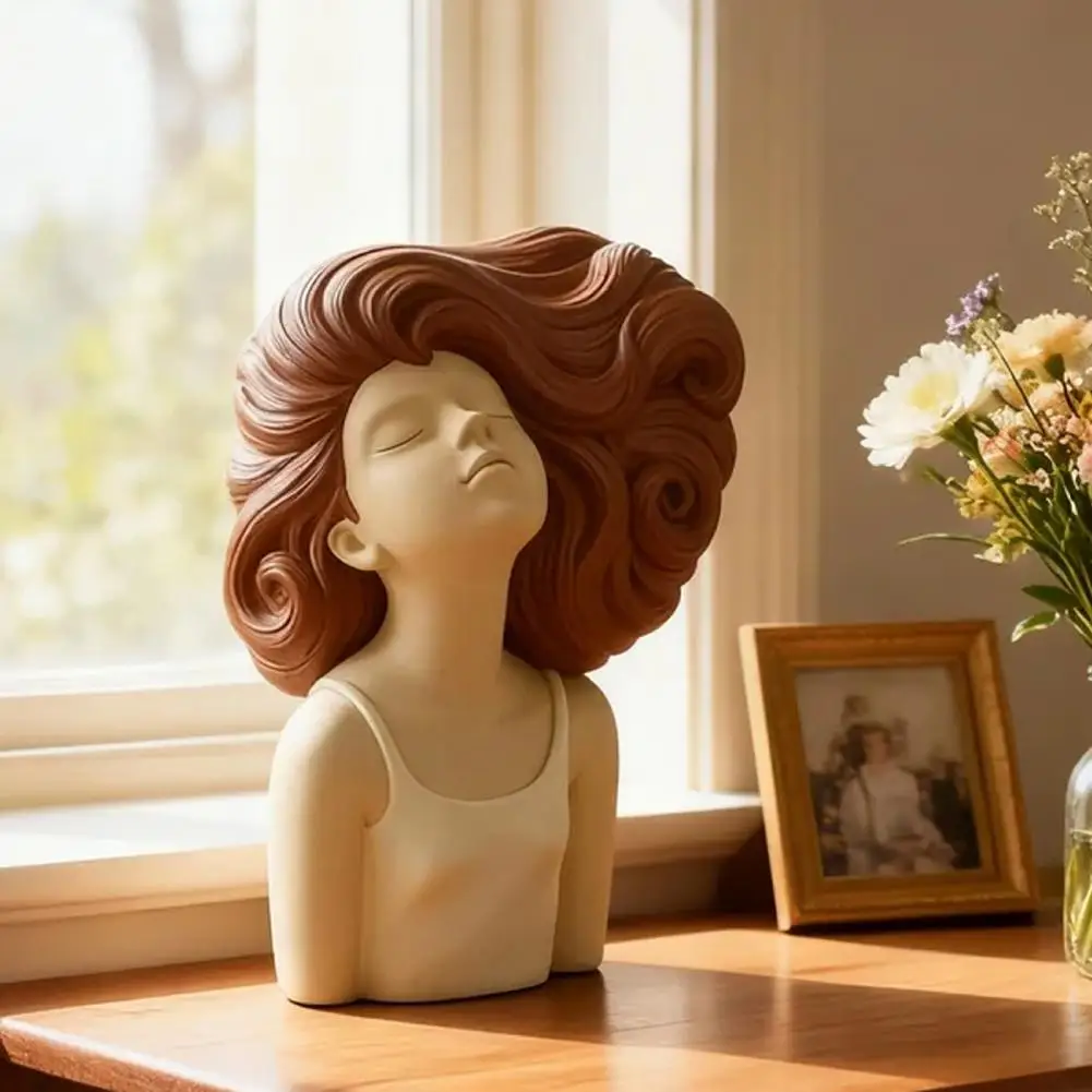 Home Decor Figurine Brown Curly Hair Girl Figurine Resin Sculpture Decorative Head Bust for Bedroom Room Home Office Desk Shelf