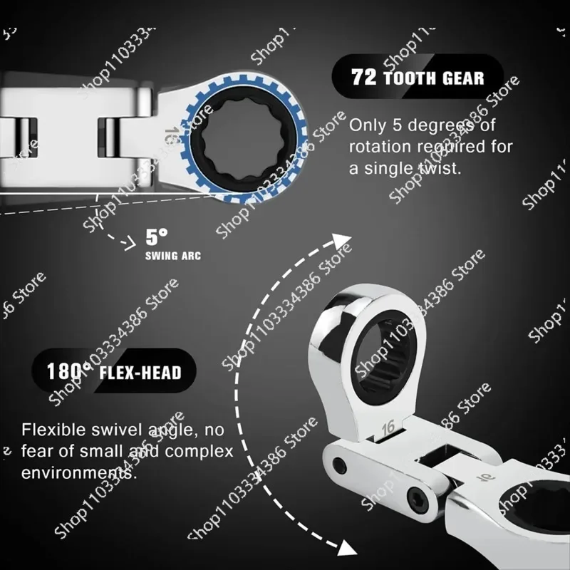 AT59 5-Piece Flex-Head Stubby Ratcheting Combination Wrench Set, Mini Wrench Set, Double Box End Flex-Head, Mini Spanner Set