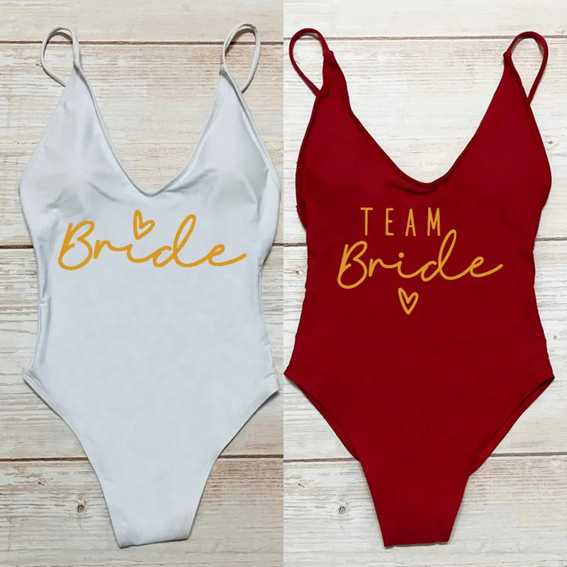 Team Bride Heart Print Swimwear Women One Piece Swimsuit Sexy Padded Bathing Suit Woman Swimming suit Bachelor Party Beachwear