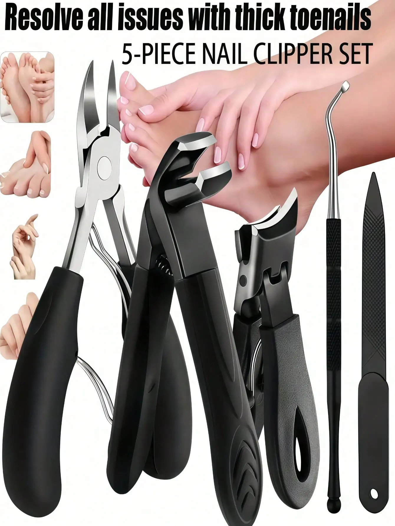 

5-Piece Set Of Thick Nail Clippers For Seniors - Wide-Jaw Large Toenail Clippers, Suitable For Trimming Thick Ingrown Nails And Pedicures, Professional Sharp Heavy-Duty Nail Clippers, Professional Manicure Care Set, Travel Pouch For Men And Women, A Great