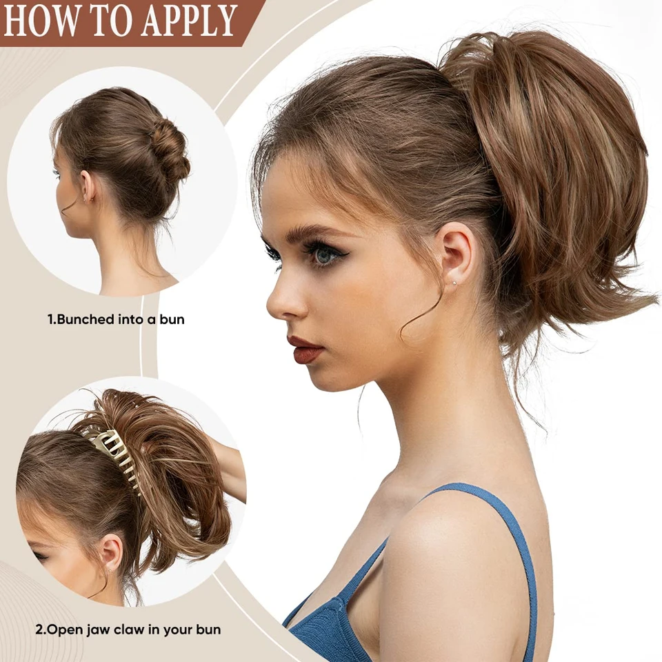 합성 클로 클립 포니테일 헤어 익스텐션, 엉킨 짧은 스트레이트 포니테일, 금발 갈색, 열에 강한 포니테일 가발