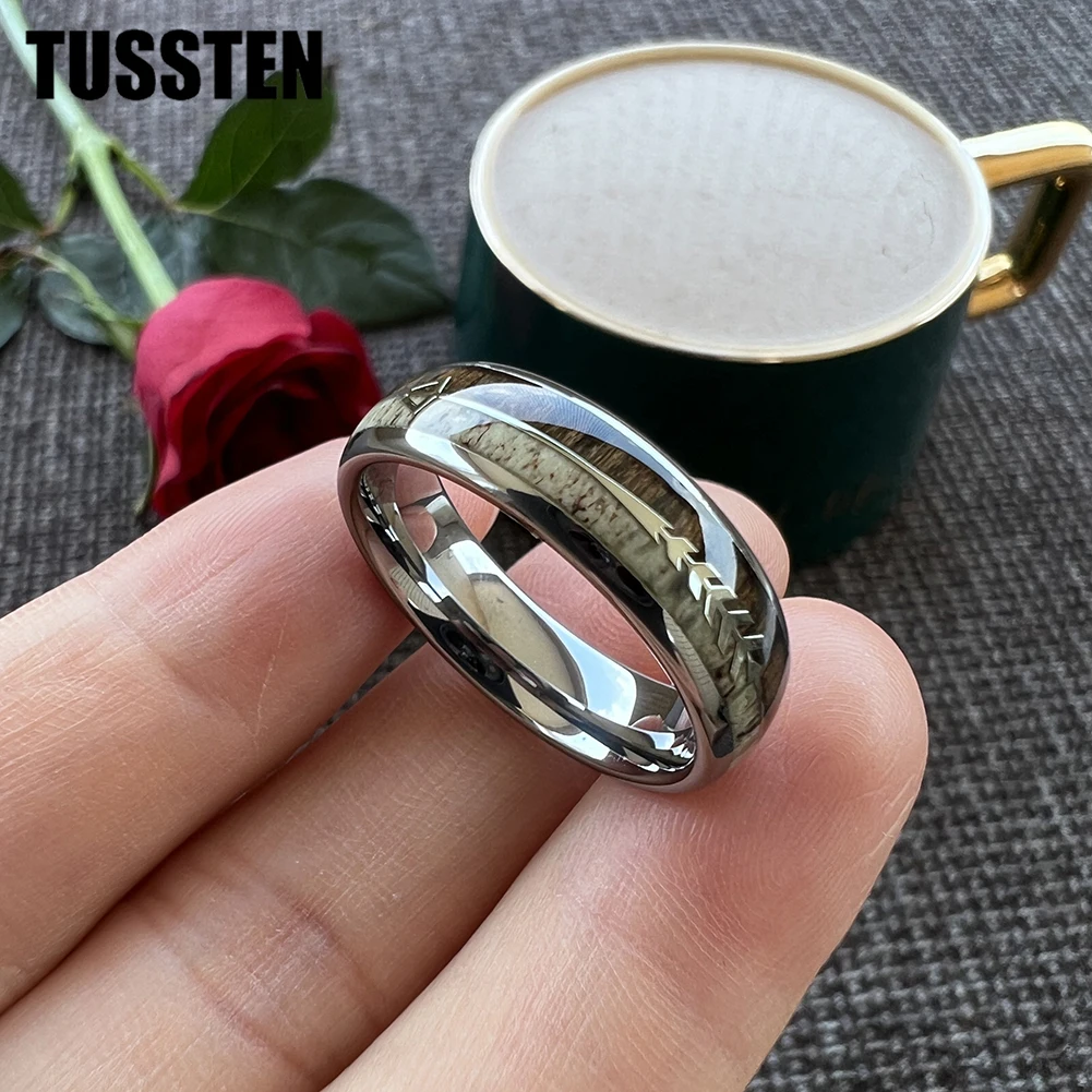 Dropshipping TUSSTEN 6/8MM Arrow Ring Men Women Tungsten Wedding Band With Dear Antler And Zebra Wood Inlay Comfort Fit