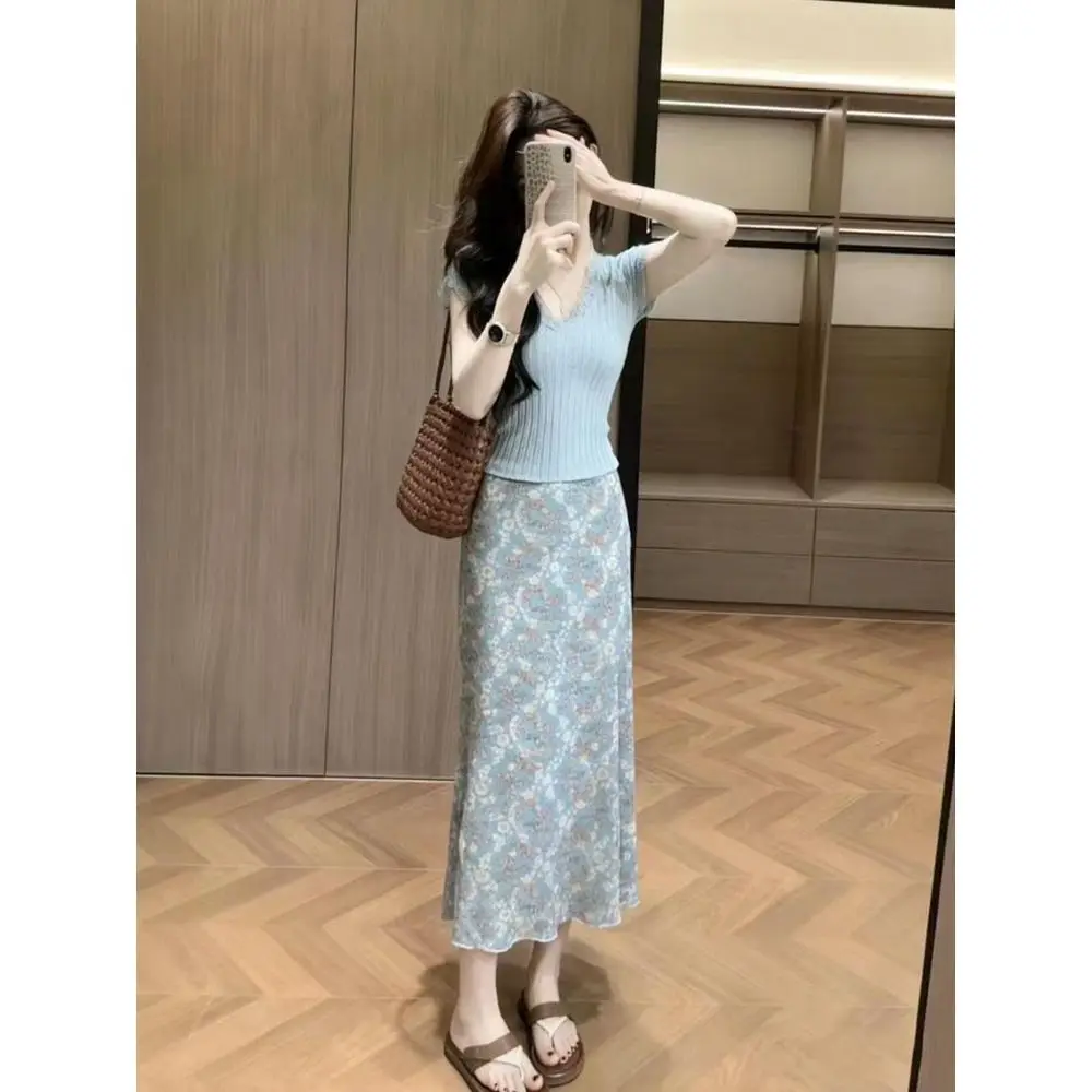 Gentle Breeze Blue Floral Halter Neck  Dress Women's Summer New Style High Waist Slimming Long Fish Tail Skirt view 2