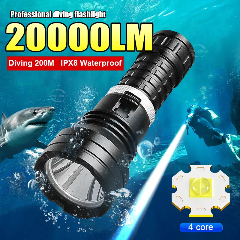 

Powerful Led Diving Flashlight IP8 Waterproof Professional Diving Torch Super Bright 20000LM Professional Diving 200M Flashlight