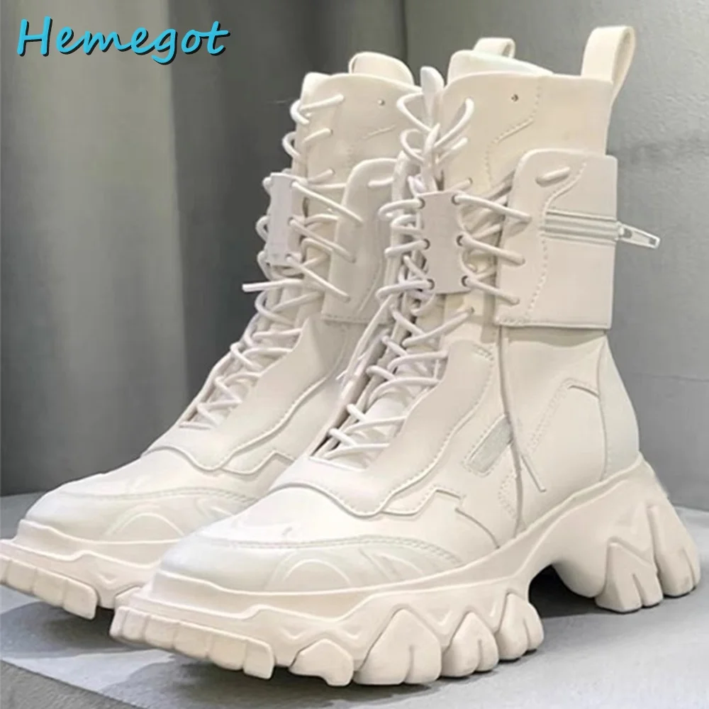 

Round Toe Lace Up Ankle Boots Side Zipper Thick Bottom White Solid Leather Women Shoes Fashion European Autumn Winter New 2022