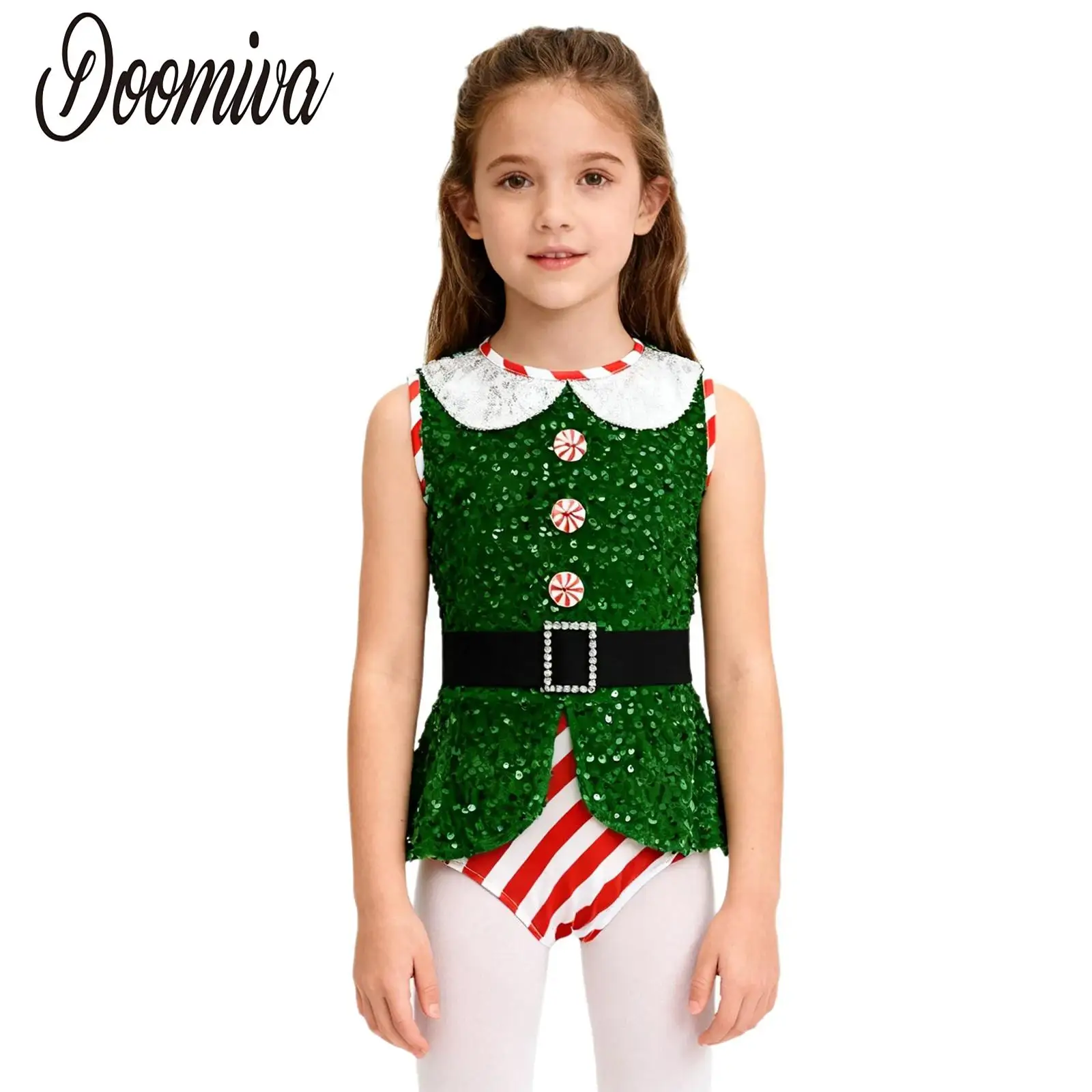 

Girls Christmas Elf Costume Leotard Dance Gymnastic Ballet Dresses Sleeveless Sparkly Sequins Bodysuit Jumpsuit and Waistbelt