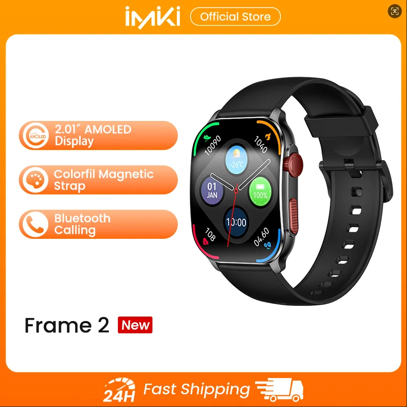 

IMIKI FRAME 2 Smart Watch 2025 2.01" AMOLED Bluetooth Calling IP68 Waterproof 100+ Sports Modes 7-Day Battery Heart Rate Custom