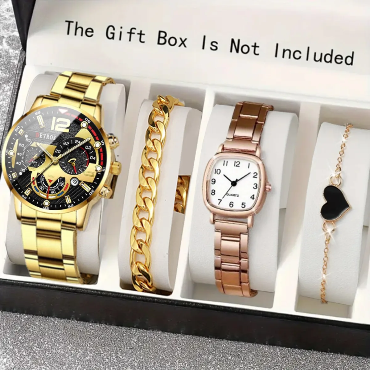 4pcs/set Couple Watches ，Quartz Watch Date Display Men's Wrist Watch， Alloy Strap Round Square Dial Watches for Men