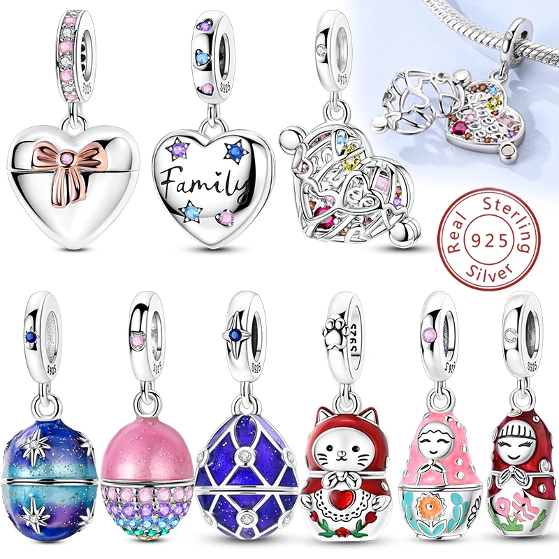 925 Sterling Silver Red Polka Dot Doll Easter Egg Heart Shaped Charm Fit Bracelet Pendant for Women DIY Jewelry Gifts