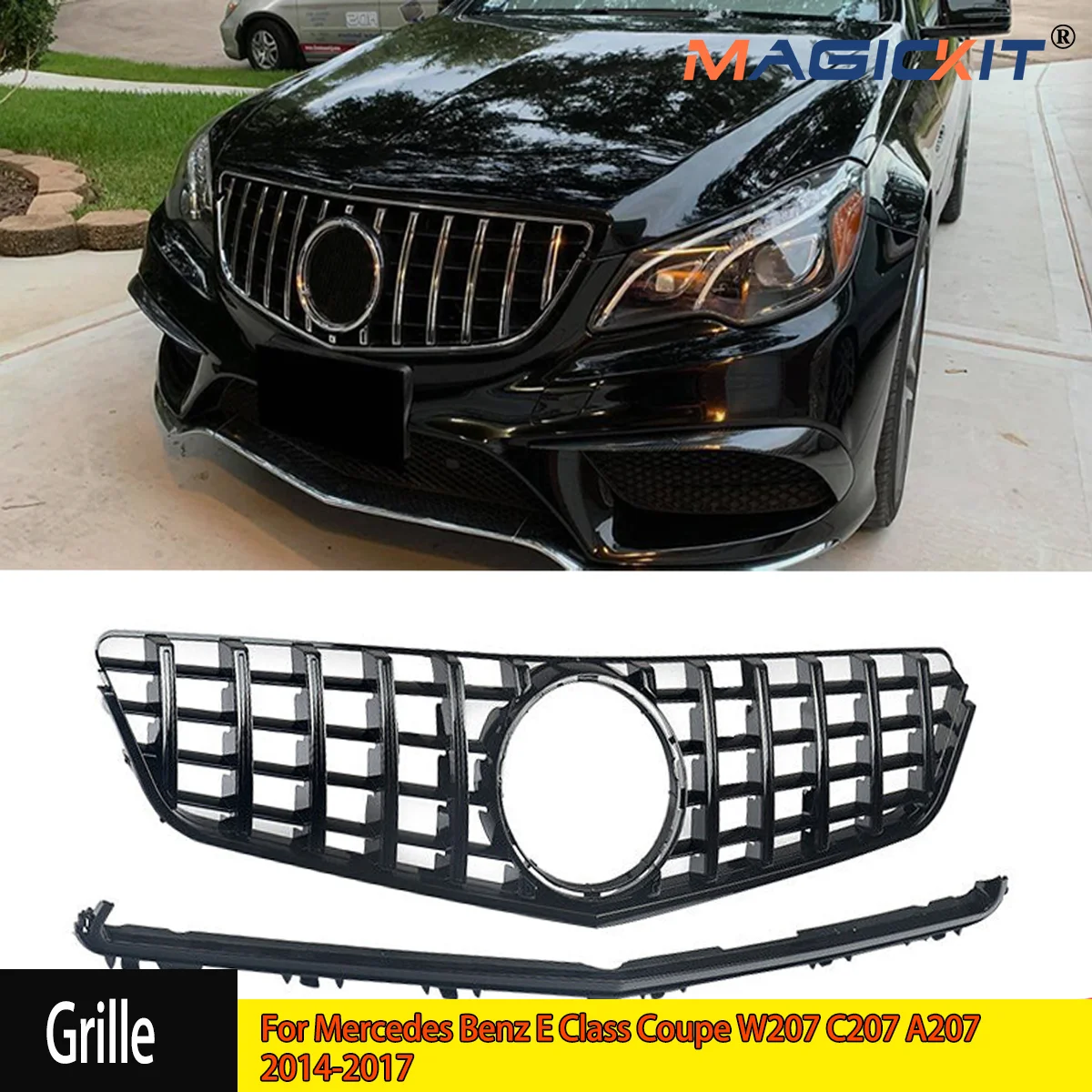 MagicKit For Mercedes Benz E Class Coupe W207 C207 A207 2014-2017 GTR Style Front Bumper Grill Chrome Black Racing Auto Grill