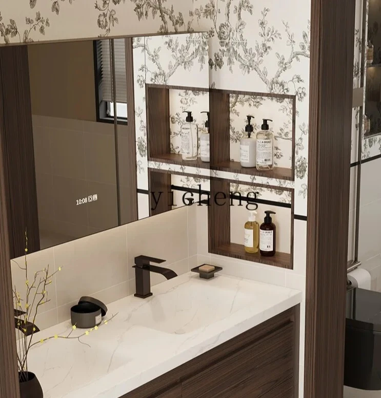 

Ancient Style Corian Integrated Double Basin Floor Rubber Wood Bathroom Cabinet Combination Washstand