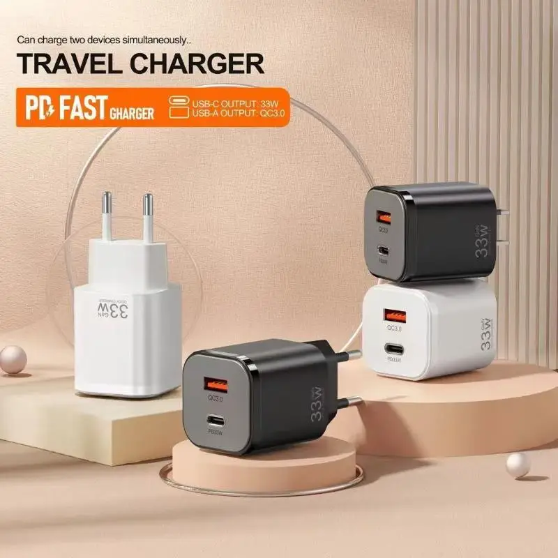 ~33W GaN Fast Travel Charger Dual Port PD 33W QC30 Output For Mobile Phones Tablets Travel And Daily Use