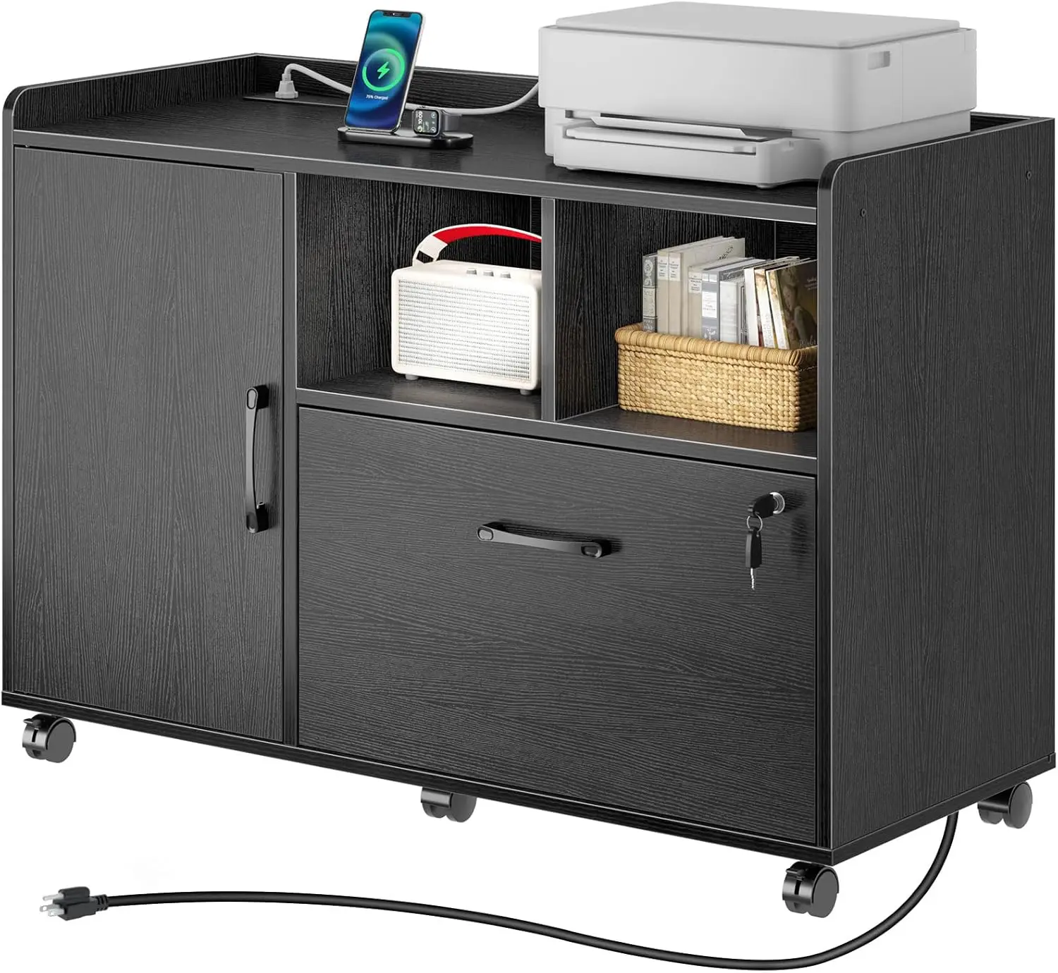 File Cabinet w/ Charging Station, Mobile Lateral Filing Cabinet with Locking Drawer, Printer Stand with Open Storage Shelf,Black