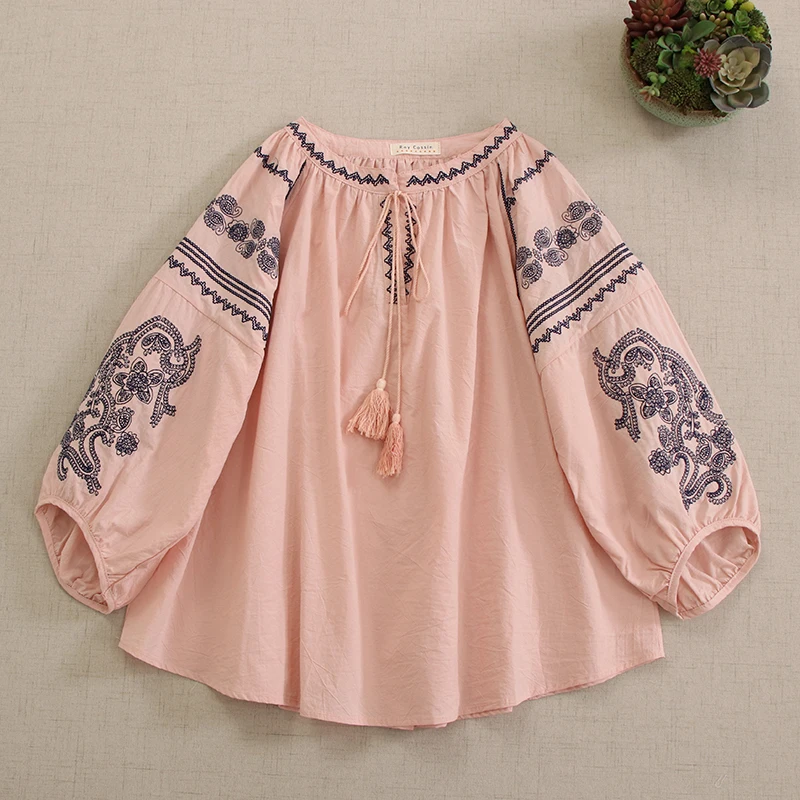 Mori Girl Ethnic Style Vintage Embroidery Lace Up Cotton Blouse Women Latern Sleeve O-neck Casual Loose Shirt Tops