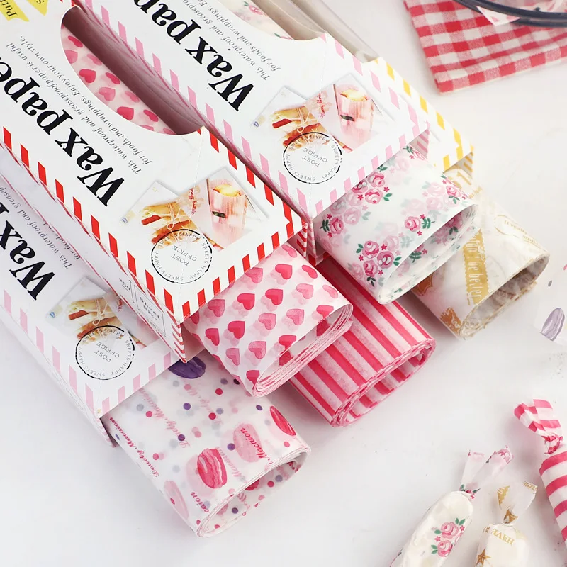 10/50pcs Heart Printed Disposable Oilproof Wax Paper for Cake Bread Food Packaging Wrapper Burger Fries Baking Wax Pad Paper Din