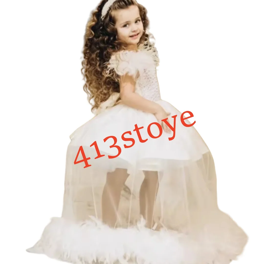 

Customized Child 2-14 Years Flower Girls Dress Princess For Kid Feather Child Wedding Party Floor Length Ball Gown Evening
