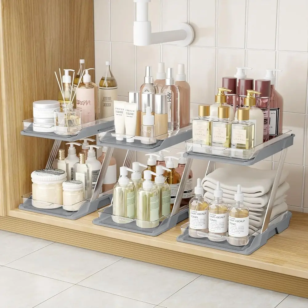 

3 упаковки органайзеров и хранения для ванной комнаты — многоцелевые, двухуровневые, прозрачные выдвижные органайзеры для ванной комнаты, под раковиной, кухни, туалета