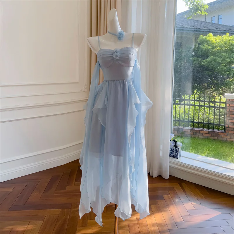 

Fashion Vintage Beach Blue Strap Women Summer Dresses Mid Length Cocktail Evening Party Dress Elegant Stage Costumes