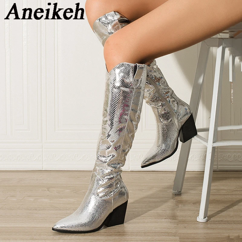 Aneikeh 2024 Sexy Patent Leather Snake Pattern Knee-High Boots Women's Pointed Sewing Square Heel Side Zipper Modern Boot Dress