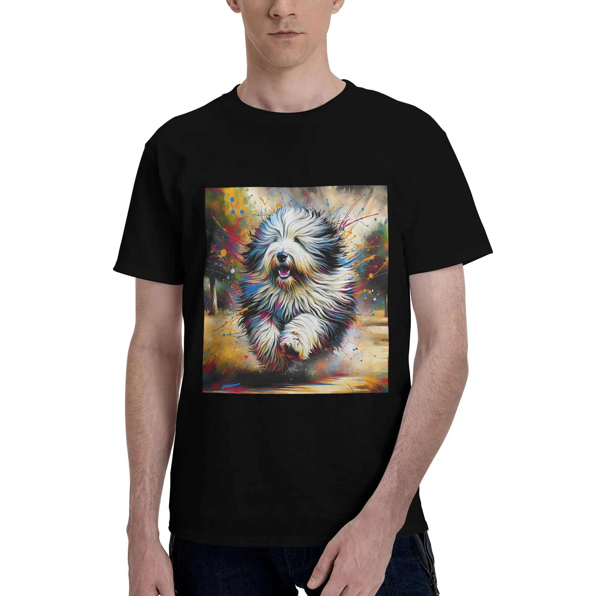 

Old English Sheepdog Dog Portrait Acrylic 100% Cotton T-Shirt Men'sClassic T Shirts Men O-Neck Short Sleeve S-6XL