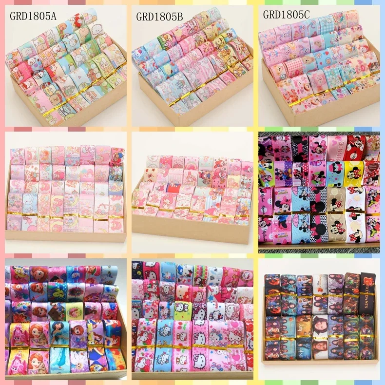 Random Set Mixed 5/10 style 22/25mm Disney Sanrio Cartoon Pattern Printed Grosgrain Ribbons ,1Y/style