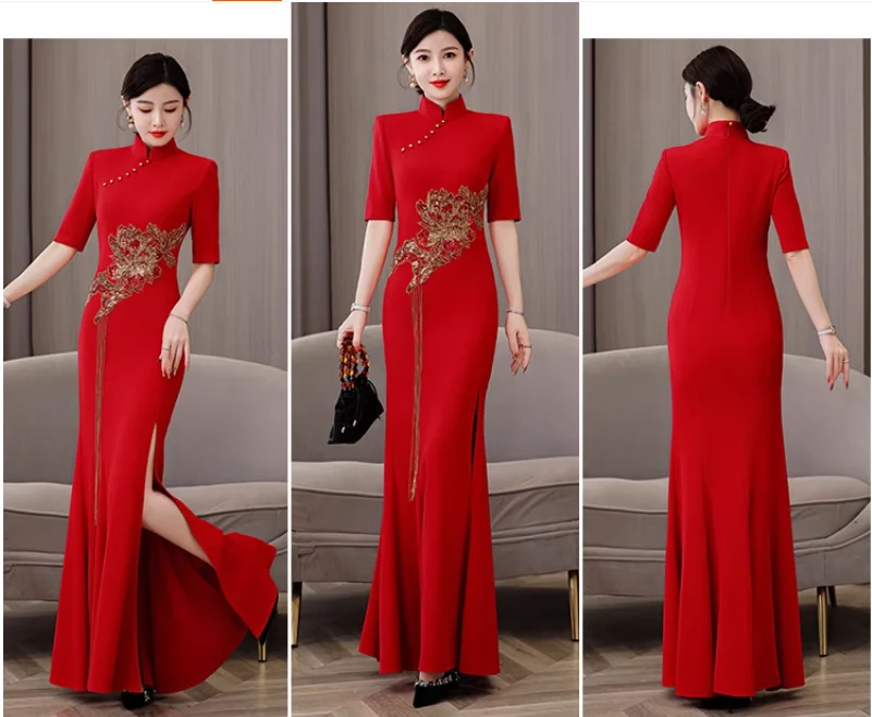 

Red Runway Cheongsam Dress Elegant Traditional Chinese Wedding Attire