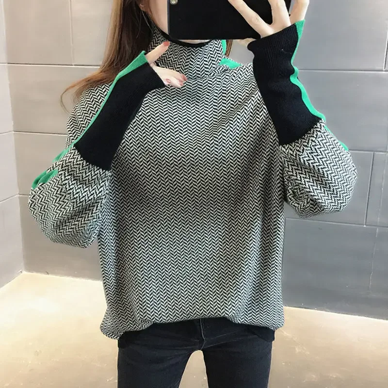 Autumn and winter new retro checkerboard letter jacquard high neck soft glutinous pullover knitted sweater for women