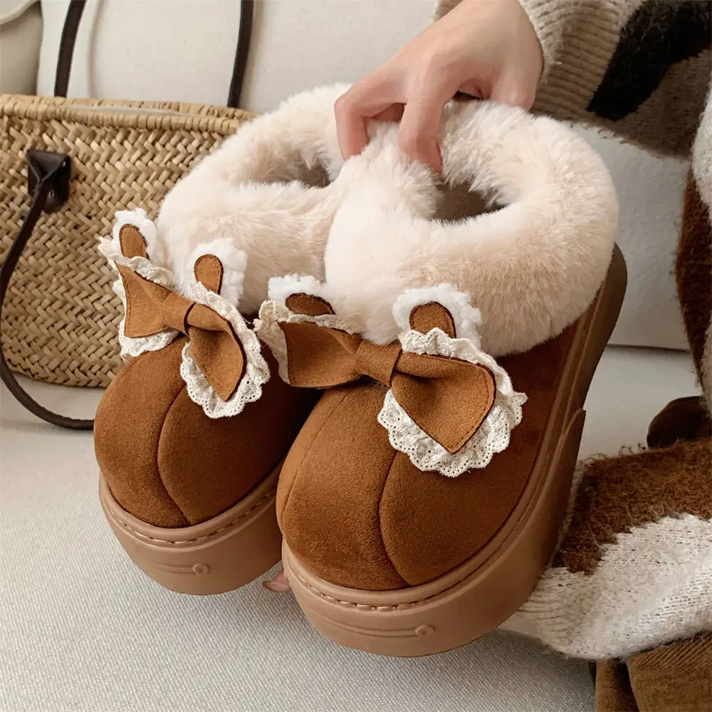 Women Cotton Shoes Comfortable And Warm Plush Loop Mouth Snow Boots For Women Lace Bow Winter Outdoor Cotton Shoes