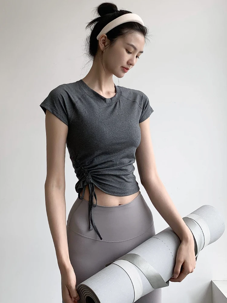 

Qui Dry Thin ort Sve Спортивная одежда Fitn Training Йога Топ Женская летняя футболка для бега с эффектом похудения Повседневная длина