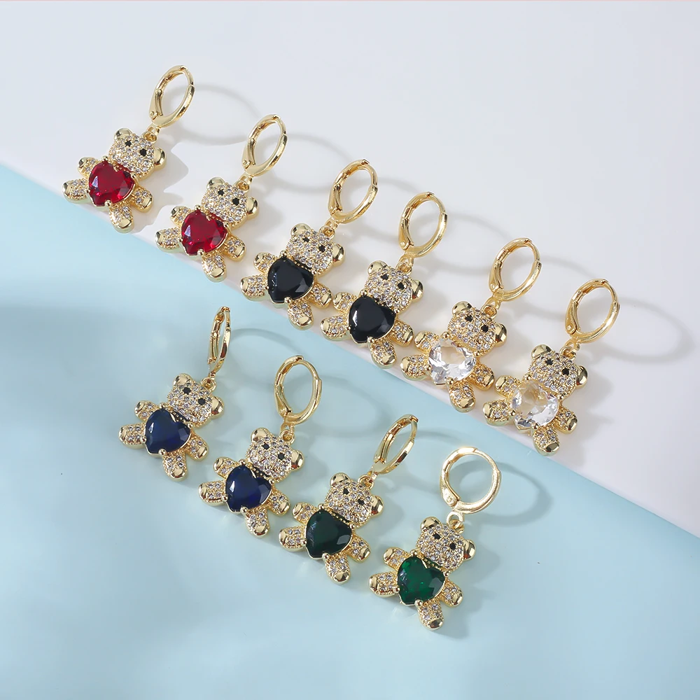 Hot Selling Teddy Bear Heart Crystal Animal Geometric Ear Clasp Cute Lady Fashion Jewelry 18K Gold Plated High Quality Earrings