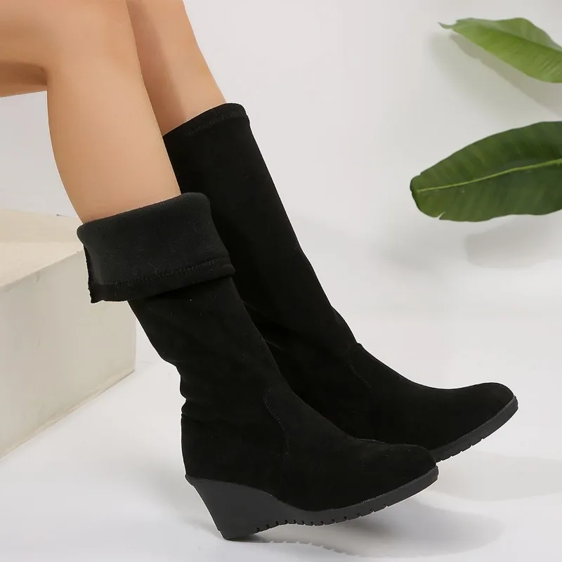 2024 Autumn Round Toe Solid High Tube Wedge Women's Boots Hot Sale Large Size Women's Shoes Concise Sleeve Boots Botas De Mujer