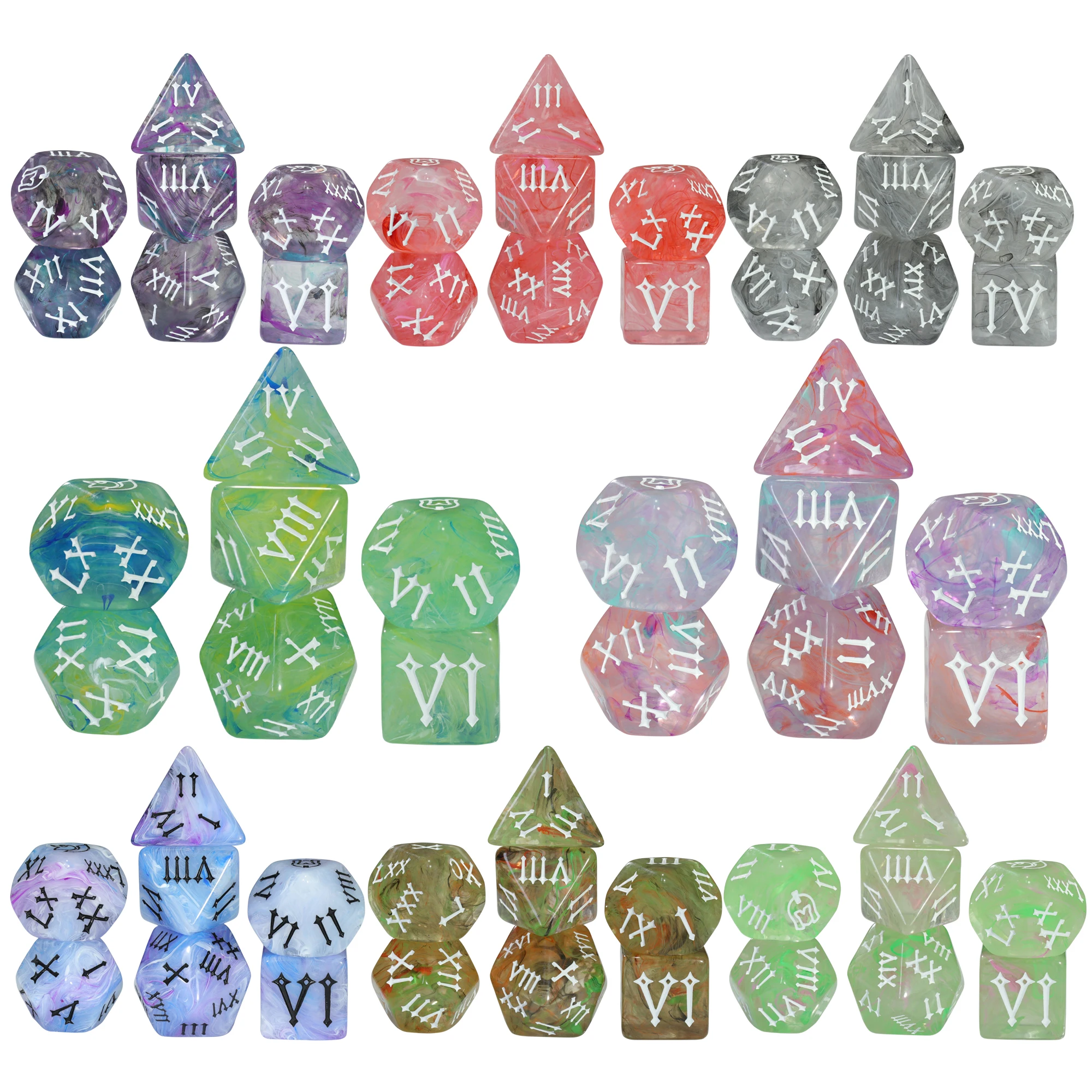 

Римские цифровые кубики, 7 шт., разноцветные, с эффектом тумана, многогранные кубики для настольных игр, DND, TRPG, принадлежности для развлечений